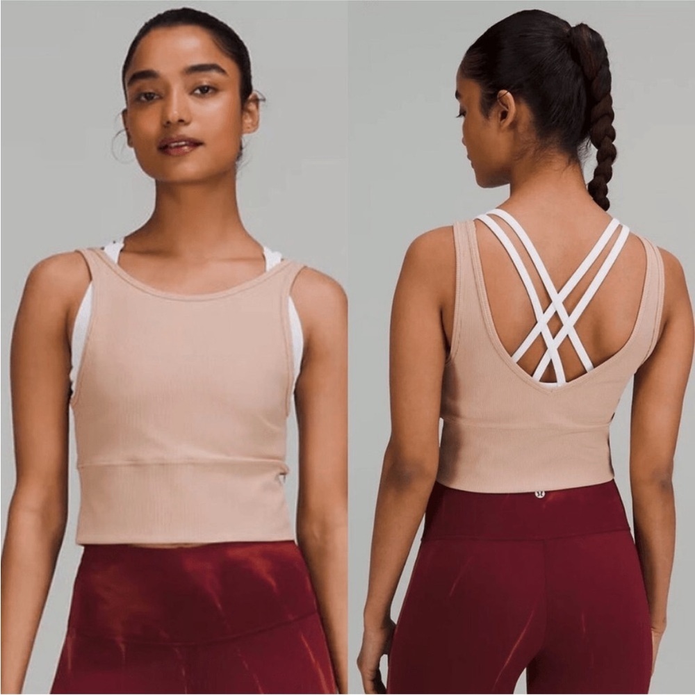 lululemon athletica Beige Ribbed Cropped Tank with White Strappy Back